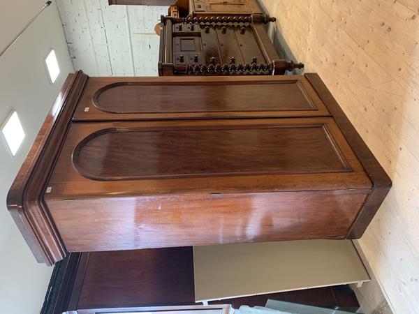An Edwardian mahogany and boxwood inlaid book trough with rectangular top above two troughs with Art Nouveau inspired piercings to sides (77cm x 61cm x 26cm), £40-60